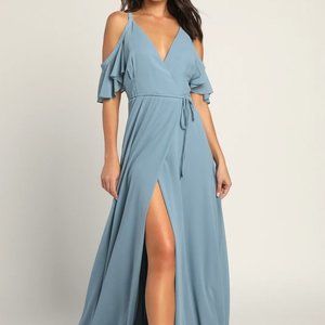 Slate Blue Cold-Shoulder Wrap Maxi Dress